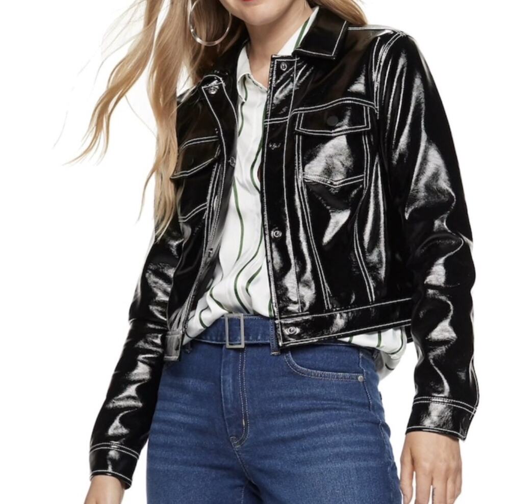 Nine West Womens Patent Faux Leather Trucker Jacket XL Black Contrast Stitch